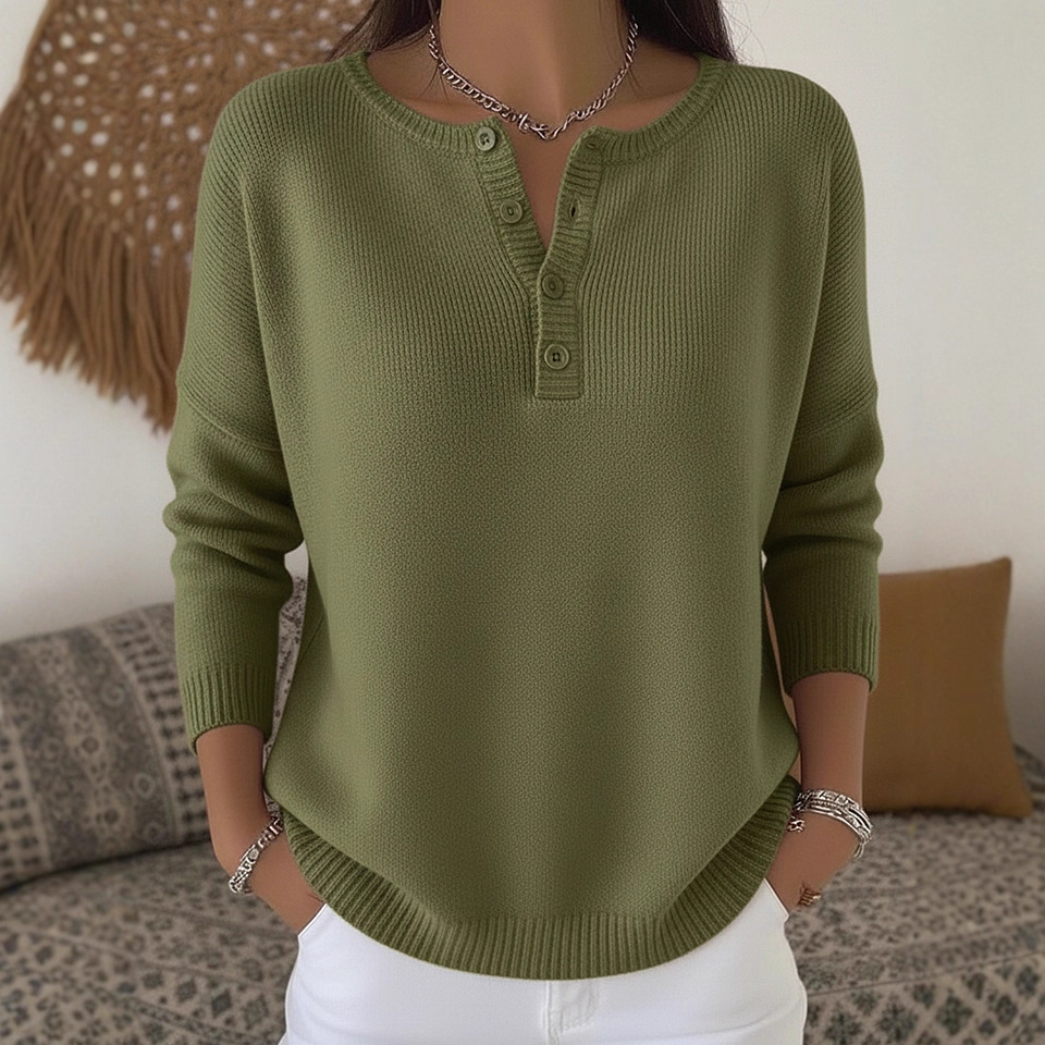 Women's V-Neck Button Knit Sweater Solid Color Casual Pullover
