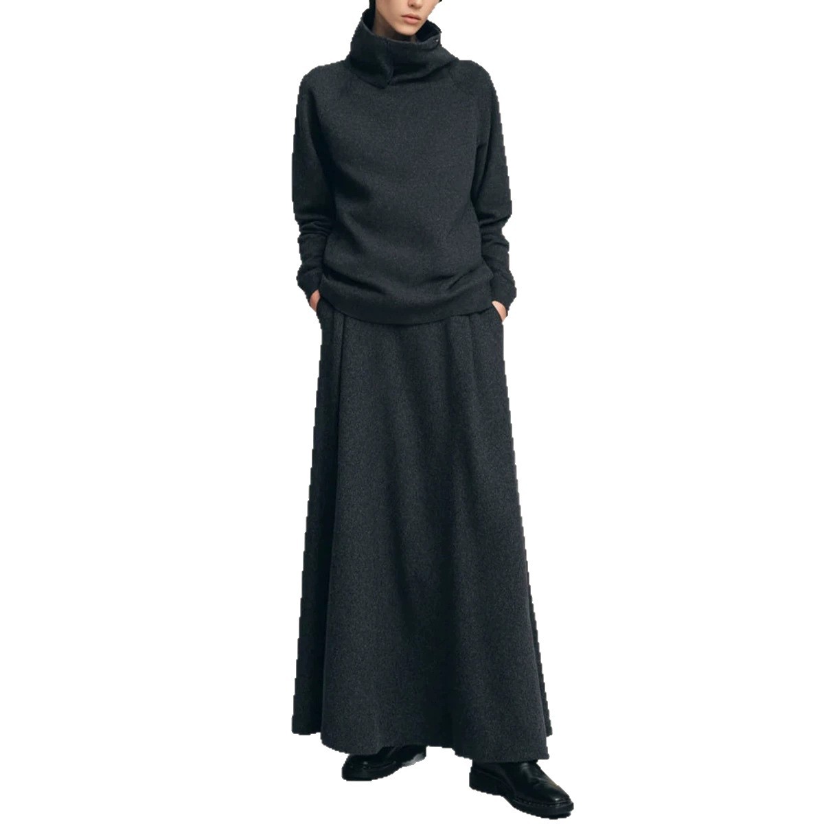 Women's Two-Piece Fleece-Lined Turtleneck Sweatshirt and Midi Skirt Set
