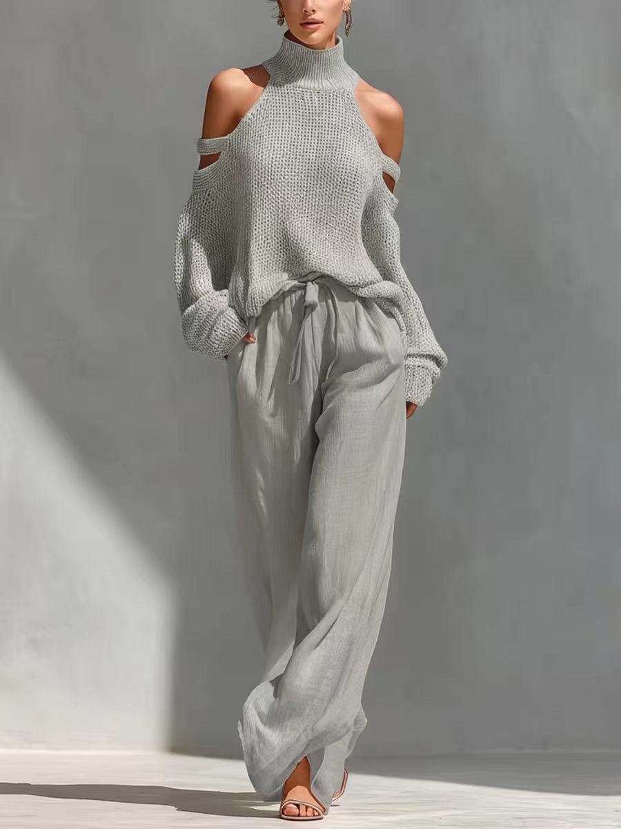 Women's Solid Color Long Sleeve High Neck Top and Pants Two-Piece Set