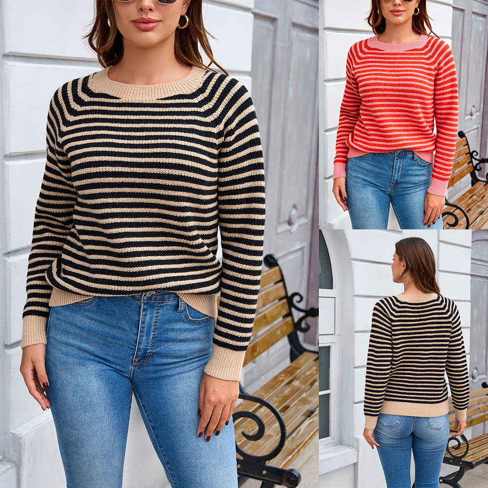 Plus Size Striped Colorblock Crewneck Knit Sweater Long Sleeve Pullover