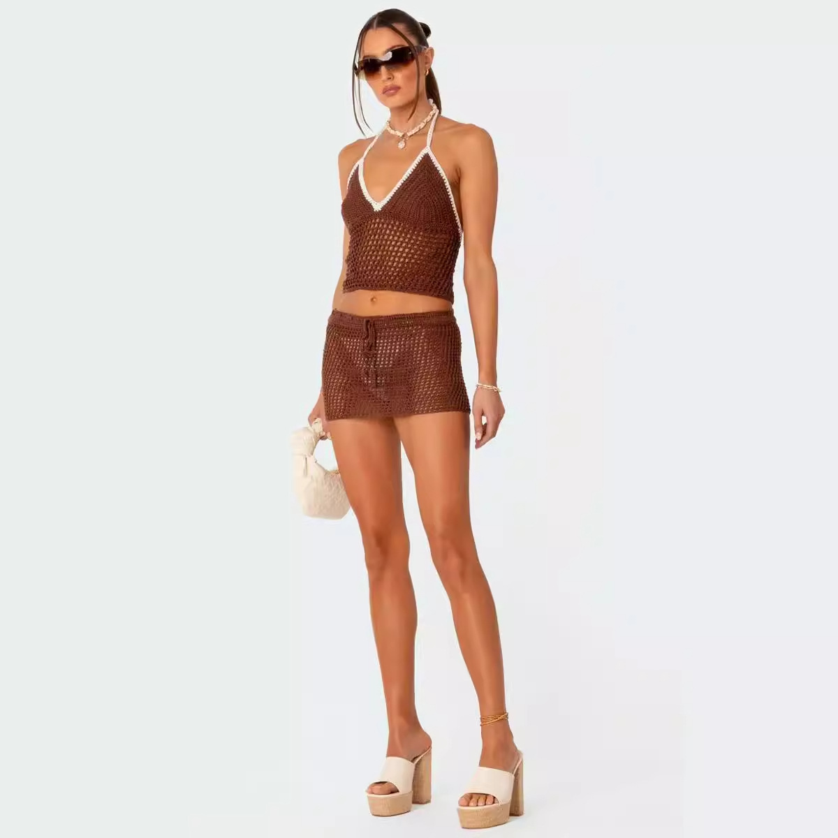 Women's Knit V-Neck Open-Back Halter Cami & Sheer Mini Skirt Sexy Two-Piece Set