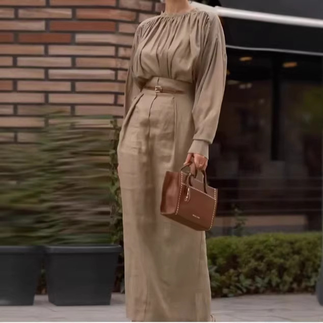 French-Style Long Sleeve Solid Shirt and Long Skirt Set