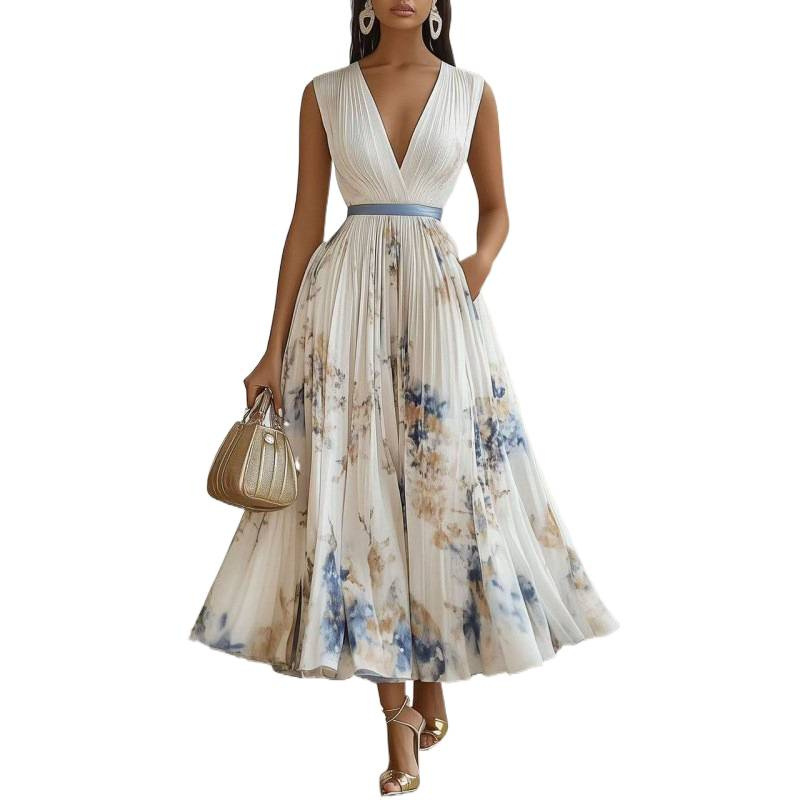 Women's Sleeveless Floral Print Maxi Dress with Oversized Pleated Skirt