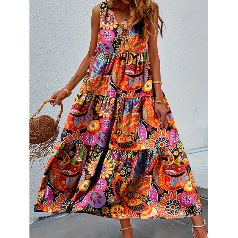 Floral Print Sleeveless High Neck High Waist Maxi Dress