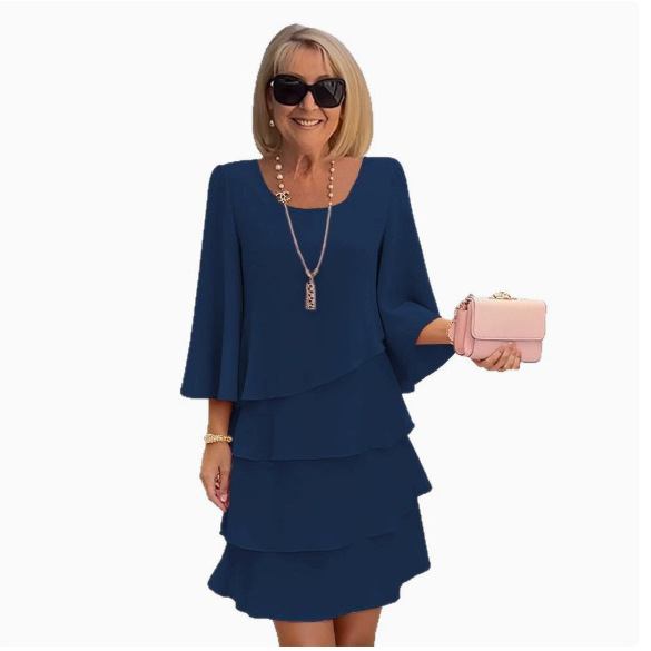 Women's Tiered Cake Dress Round Neck Loose Fit Midi Dress