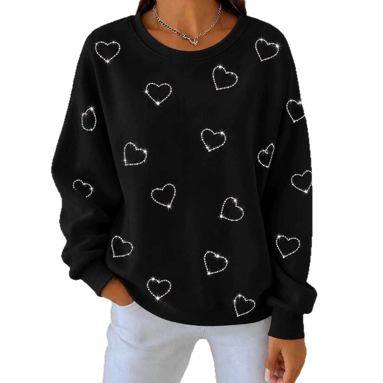 Elegant Heart Print Crewneck Long-Sleeve Pullover Sweatshirt