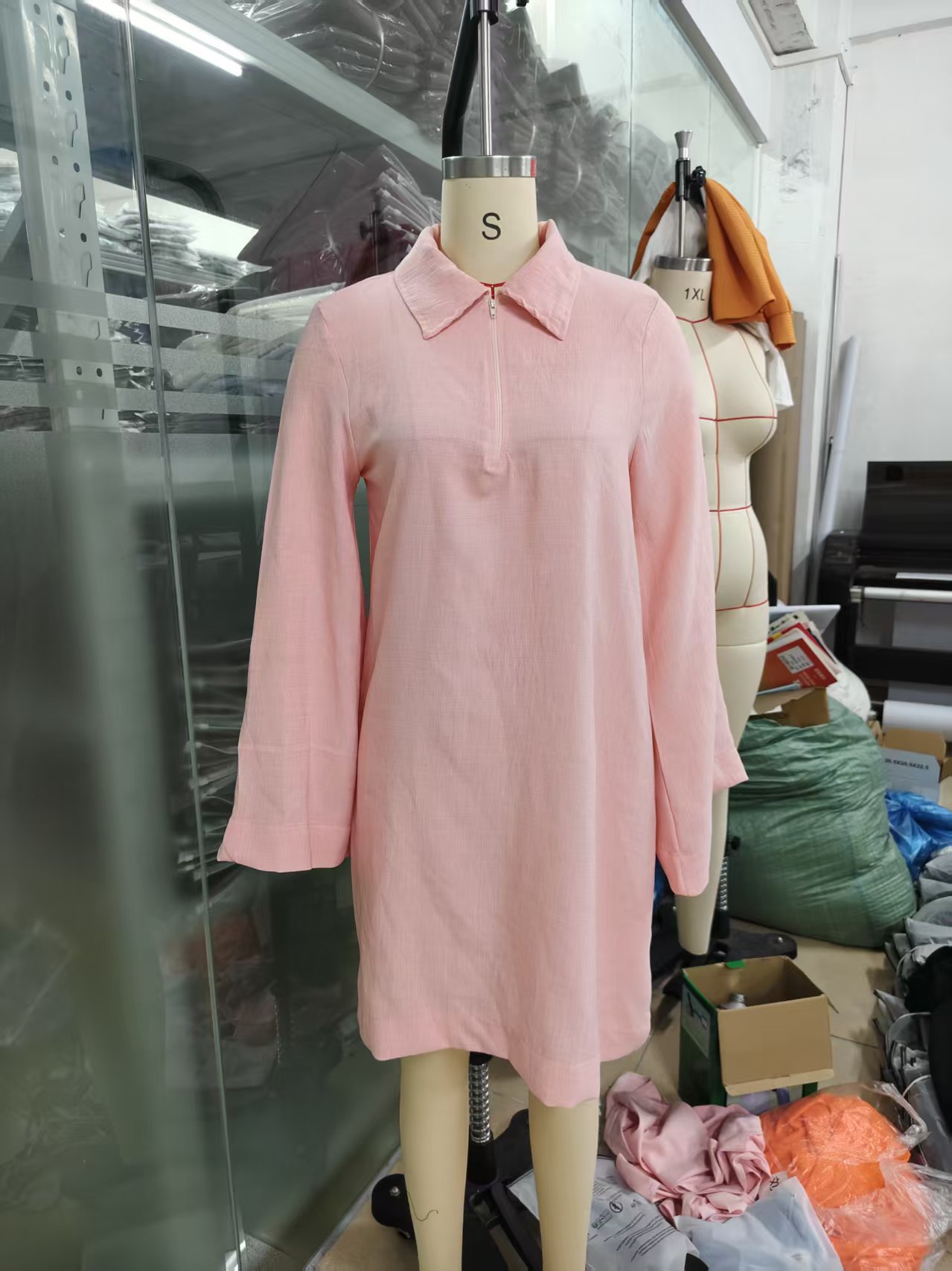 Solid Color Half-Zip Loose Long-Sleeve Casual Dress