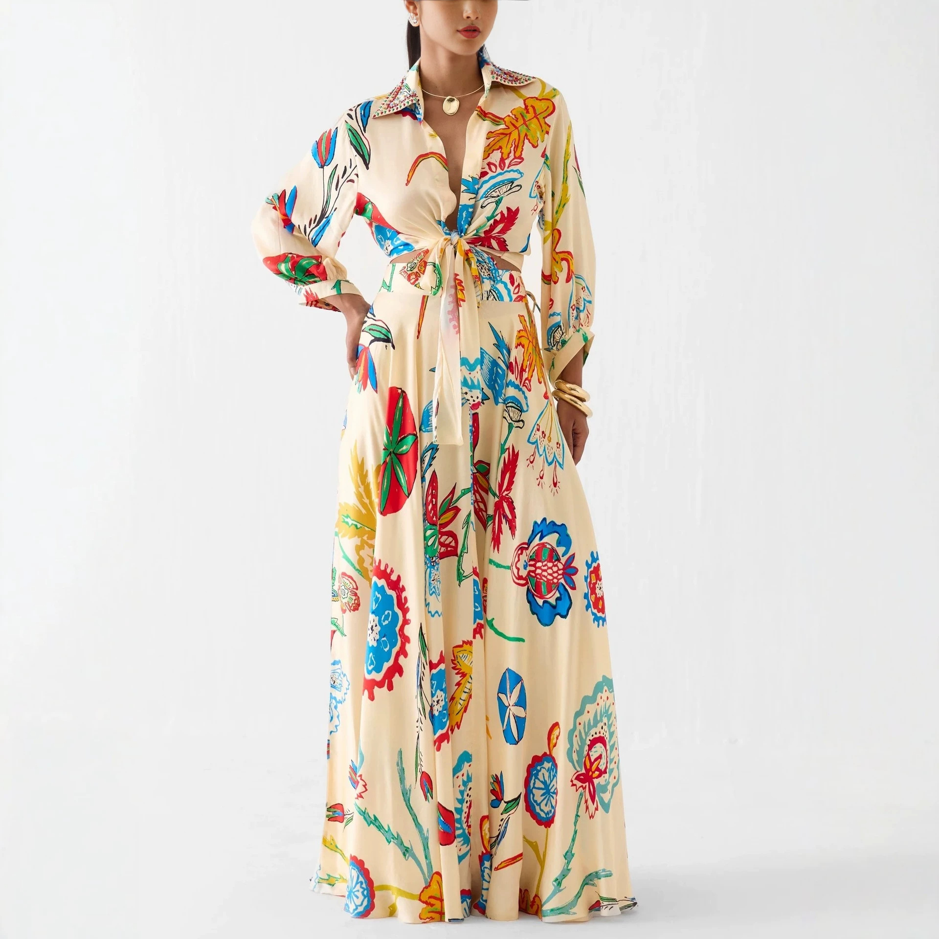 Vintage Oil Painting Floral Print Tie-Front Shirt and Maxi Skirt Two-Piece Set