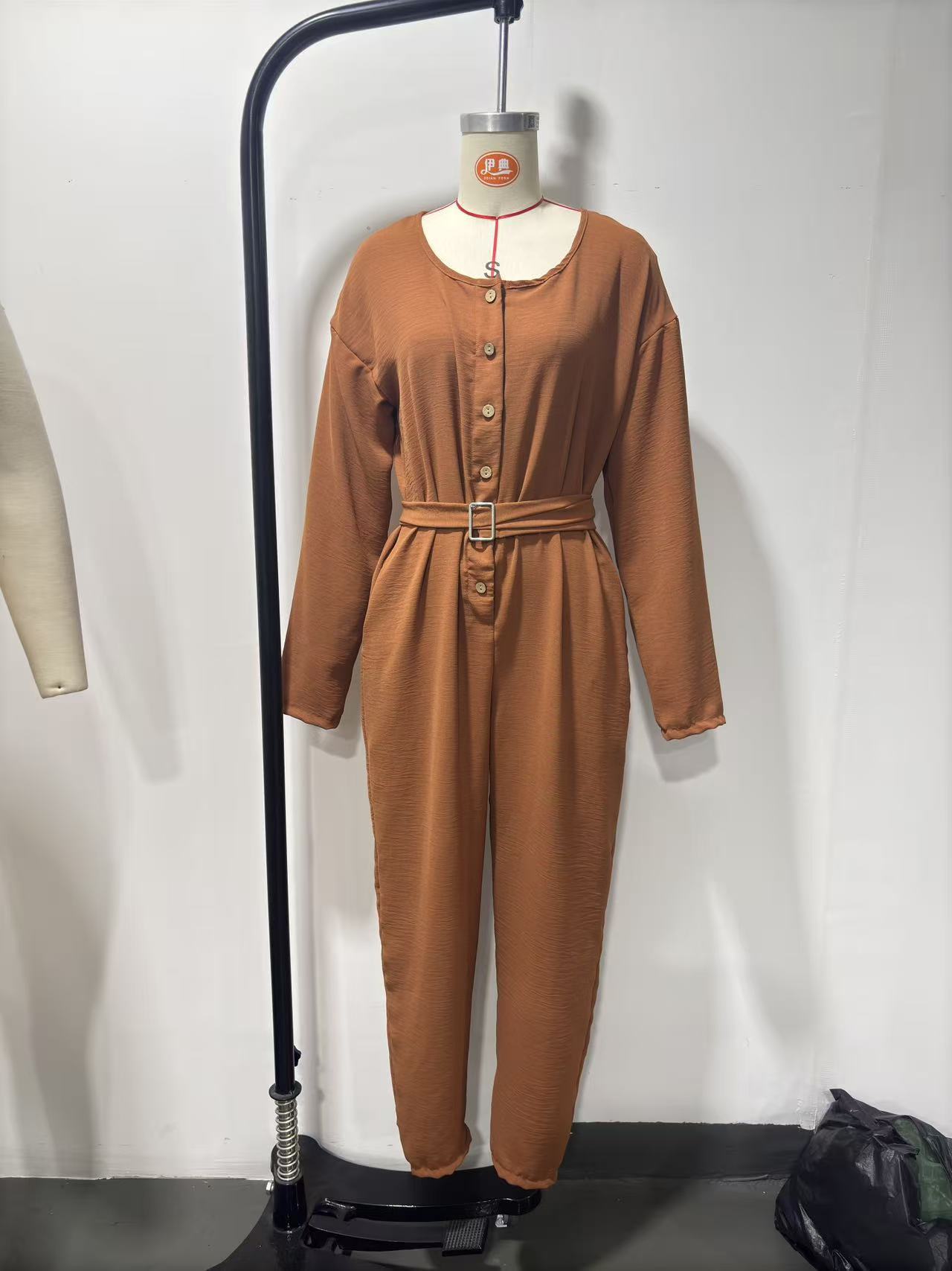 Women's Linen Square Neck Long Sleeve Jumpsuit with Belt