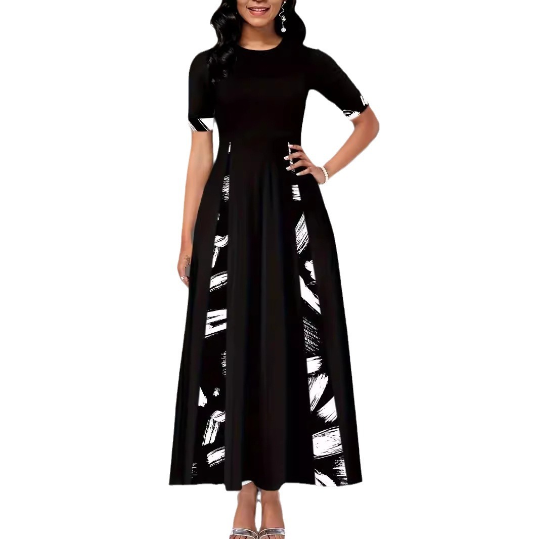 Color-Block Crew Neck Mid-Sleeve Irregular Long Dress