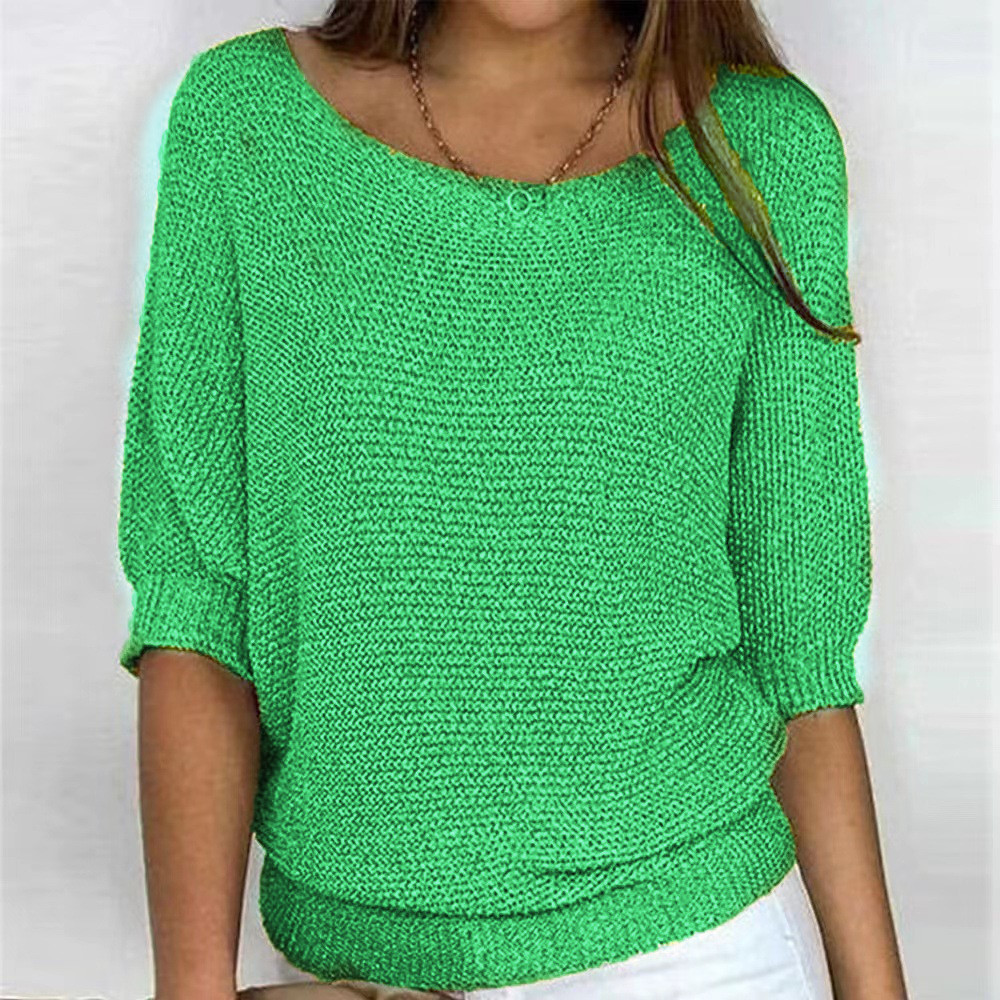 Women's Solid Crewneck Knit Top with Three-Quarter Sleeves