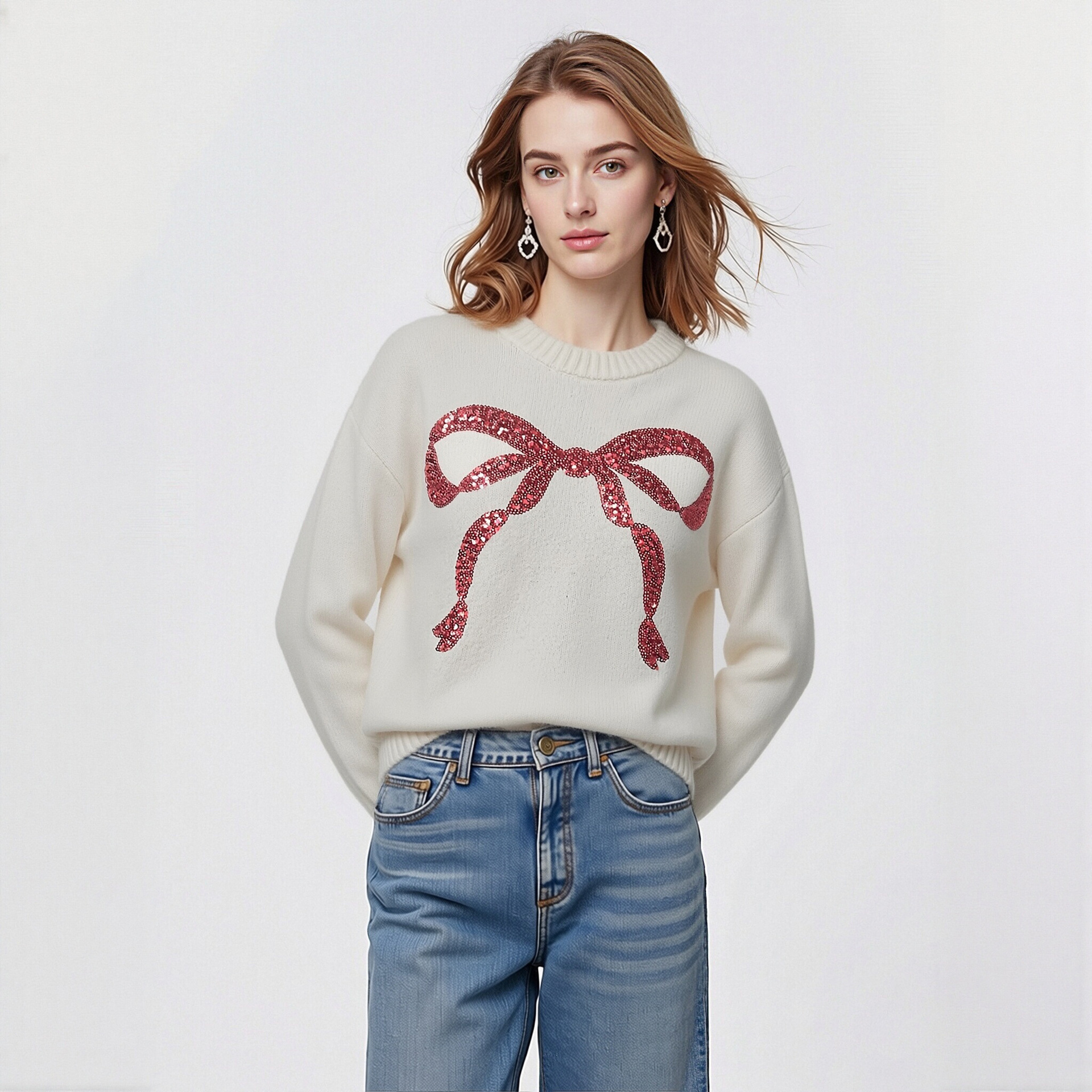 White Crewneck Sequin Bow Embroidered Christmas Sweater