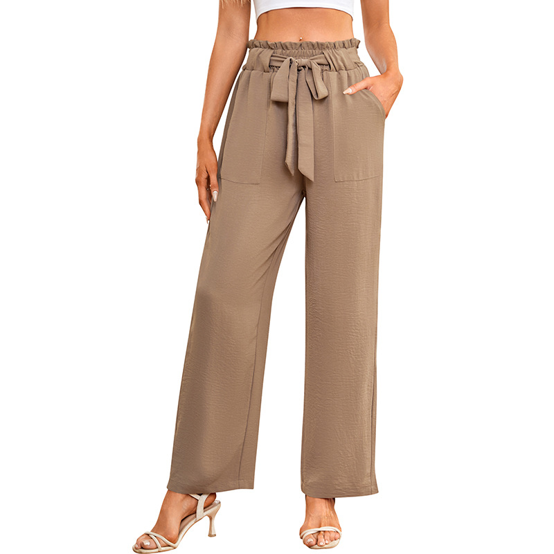 Women's High-Waist Wide-Leg Pants with Tie, Solid Color, Loose Fit