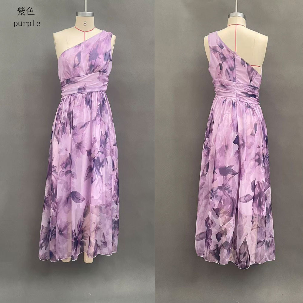 Digital Print One-Shoulder Sleeveless A-Line Midi Dress