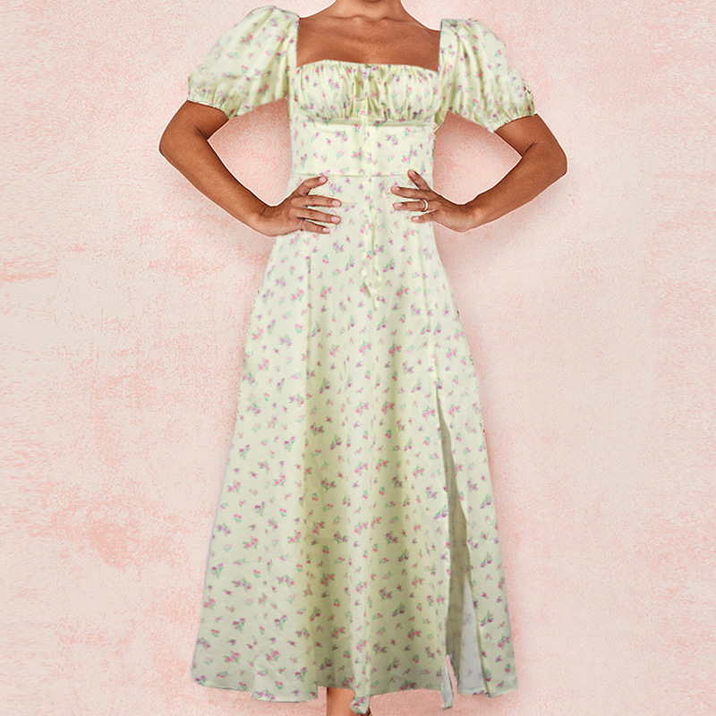 Floral French Style Open Back Slim Fit Cami Dress with Slit