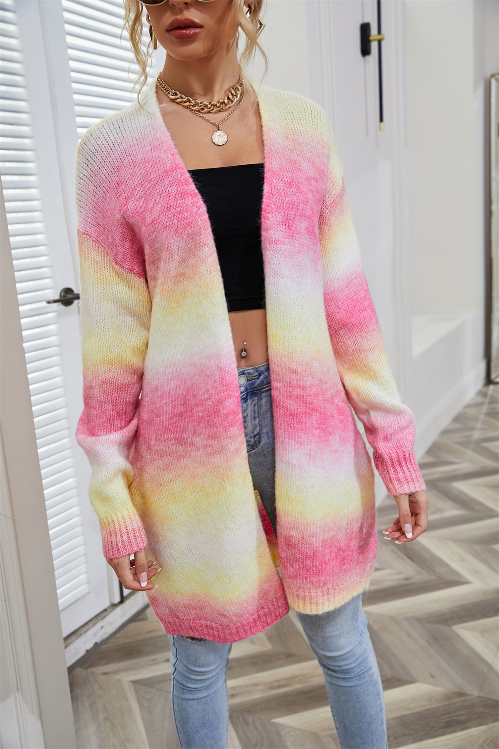 Rainbow Tie-Dye Long Sleeve Open Front Cardigan Sweater Coat Women