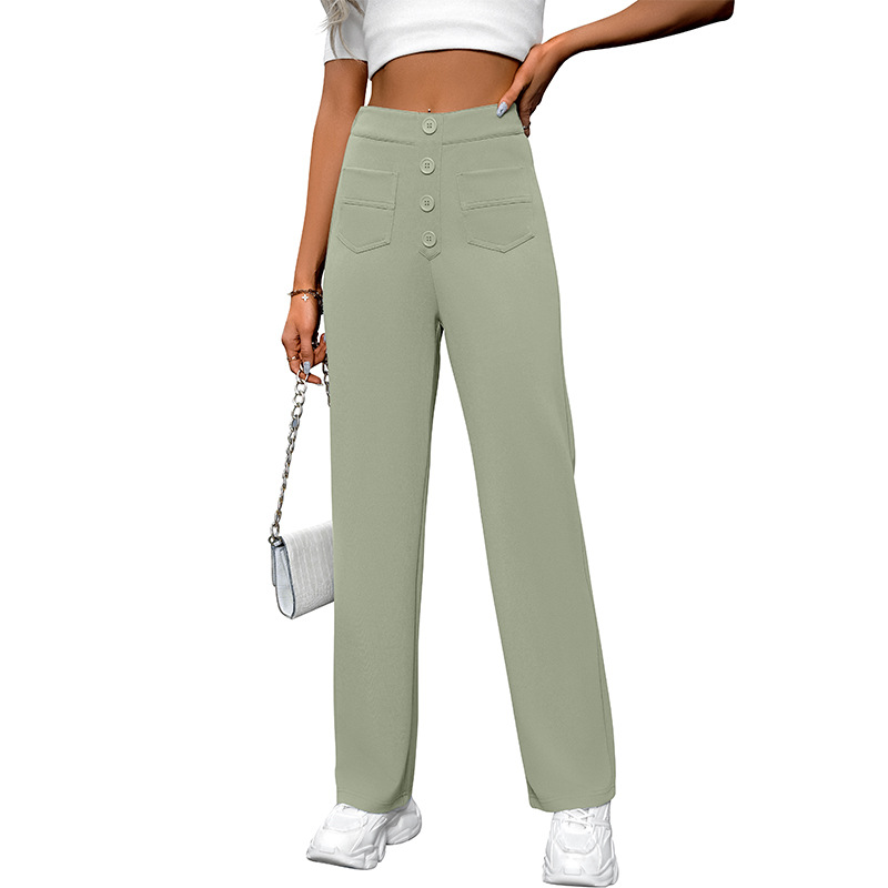 High-Waist Wide-Leg Button Pants with Pockets Casual Straight-Leg Trousers