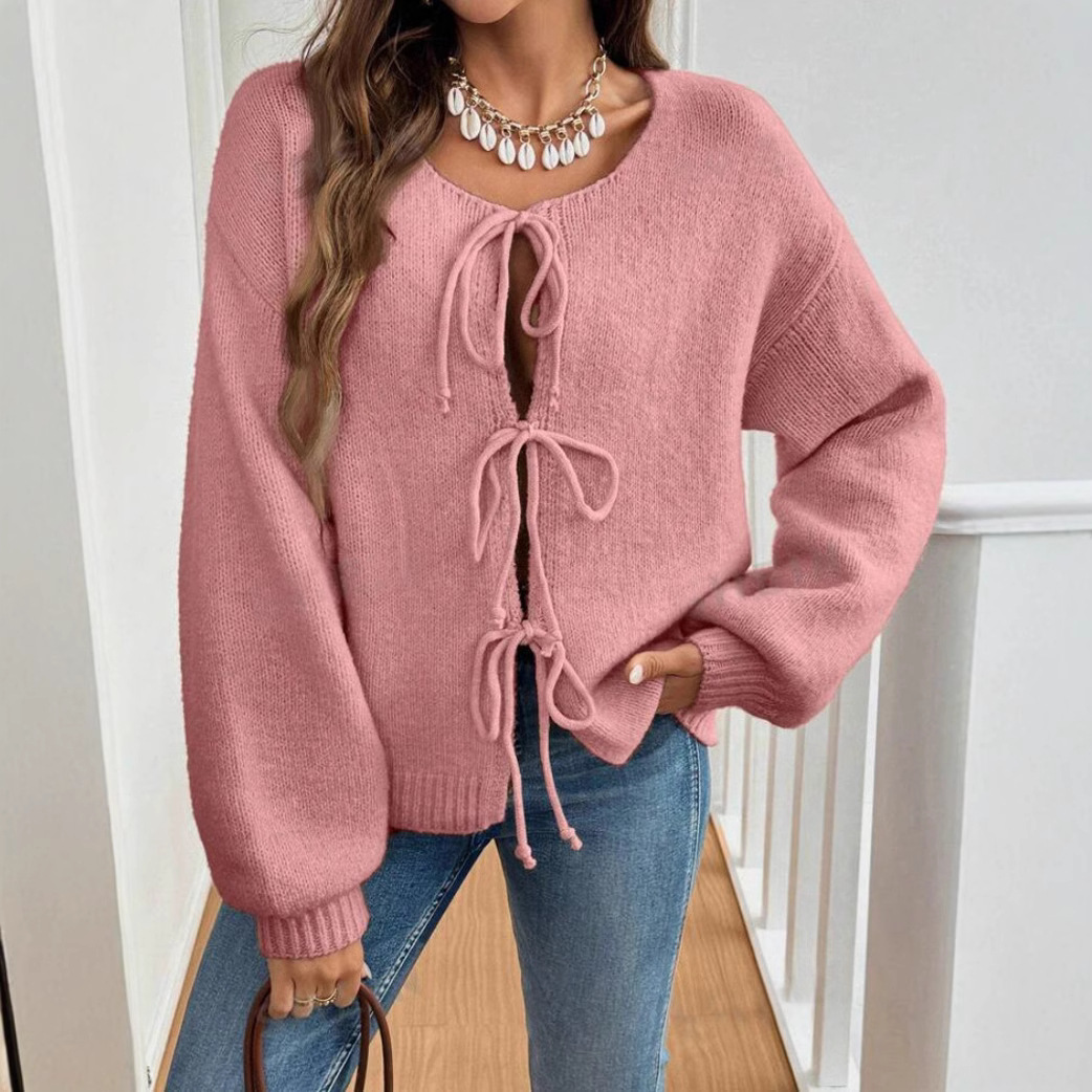 Women's Casual Loose Tie-Front Solid Knit Cardigan Sweater