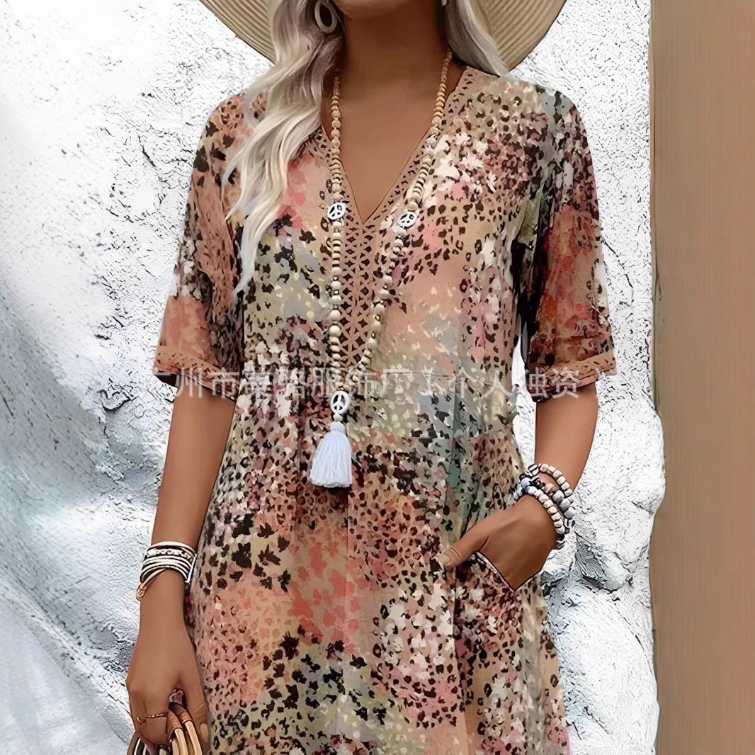 Floral Print V-Neck Short Sleeve Midi Dress with Pockets