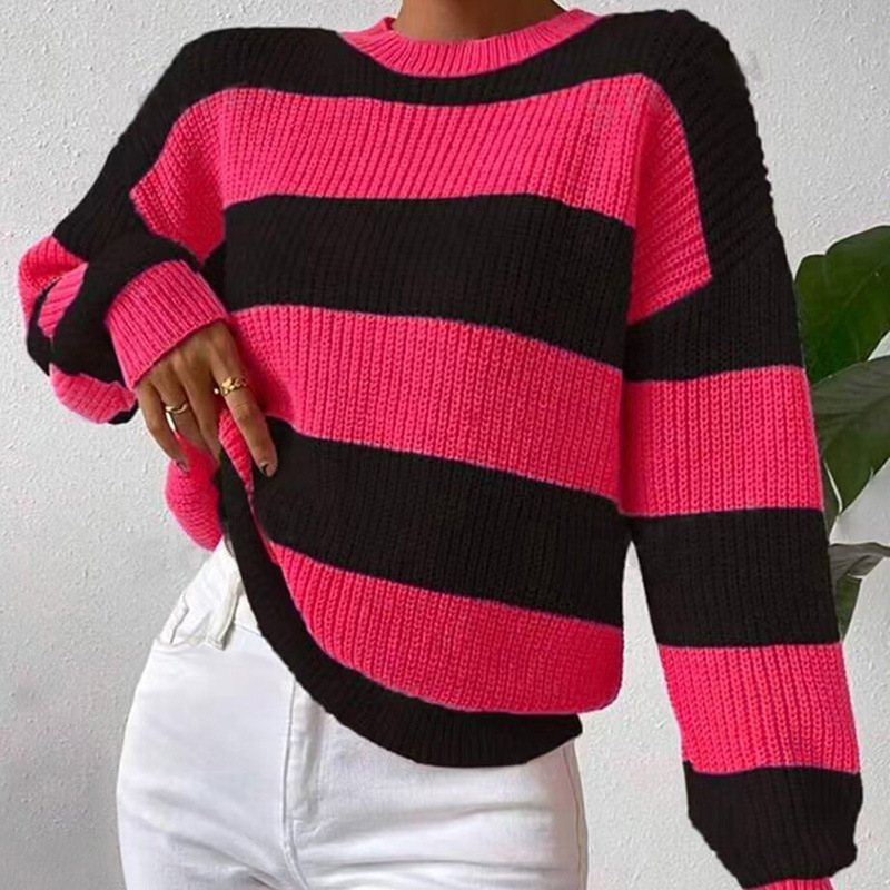 Striped Crewneck Pullover Sweater Loose Fit Long Sleeve Knit Top