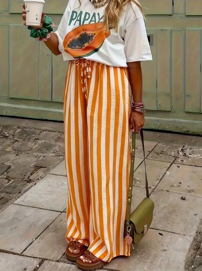 Women's Loose Straight-Leg Striped Print Pants Casual Colorblock