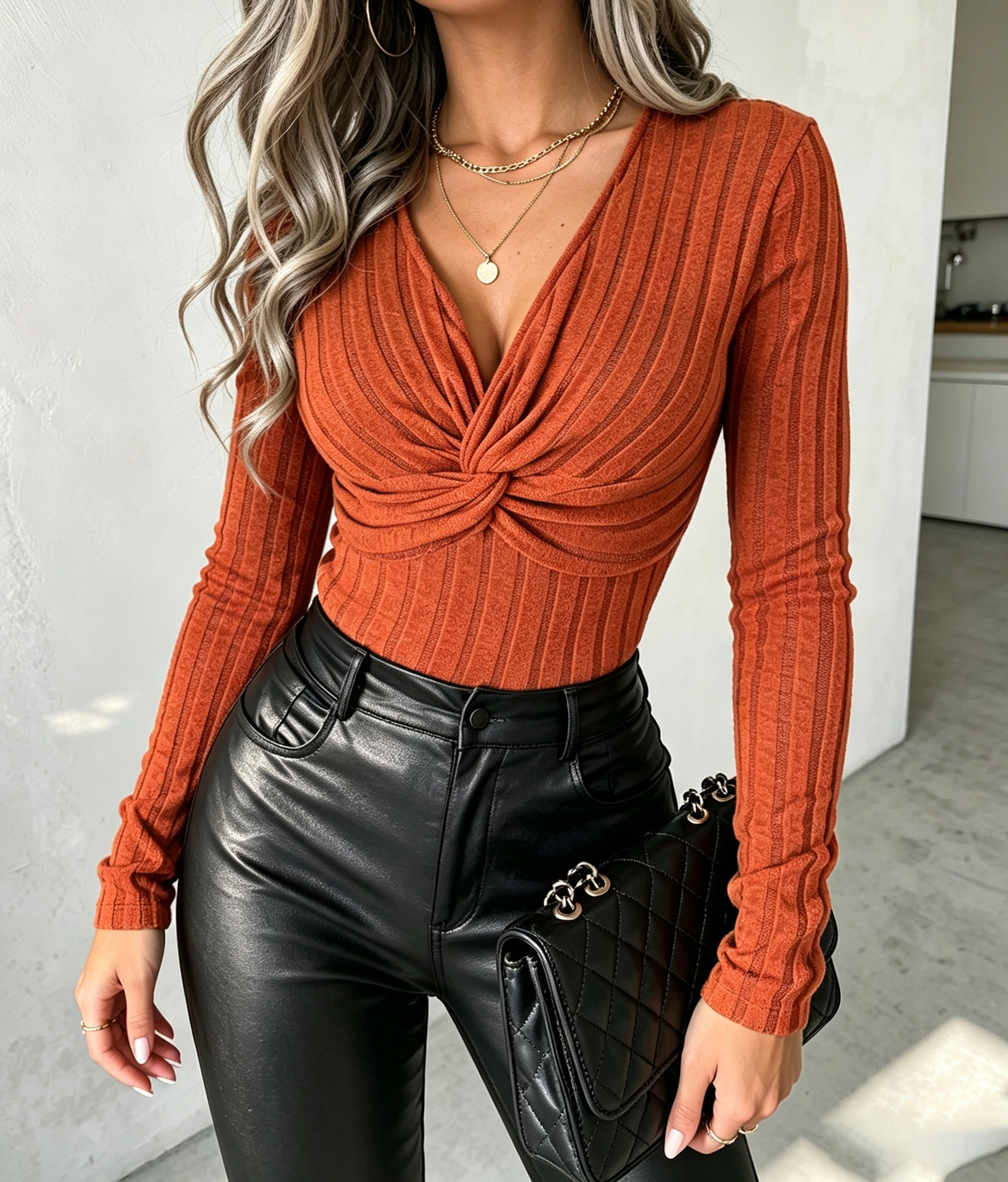Wrap Twist Deep V-Neck Long Sleeve Slim Fit Top