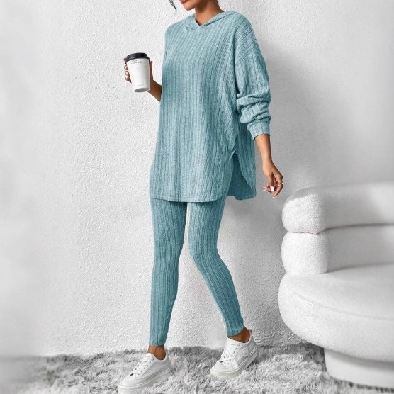 Women's Ribbed Knit Hooded Long Sleeve Lounge Set