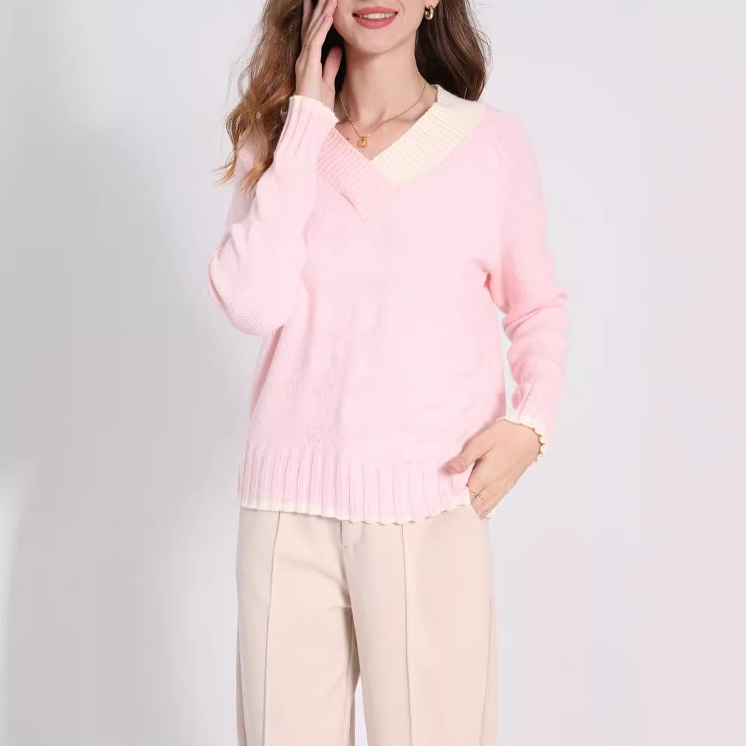 Pink V-Neck Knit Sweater Women's Loose Pullover Long Sleeve