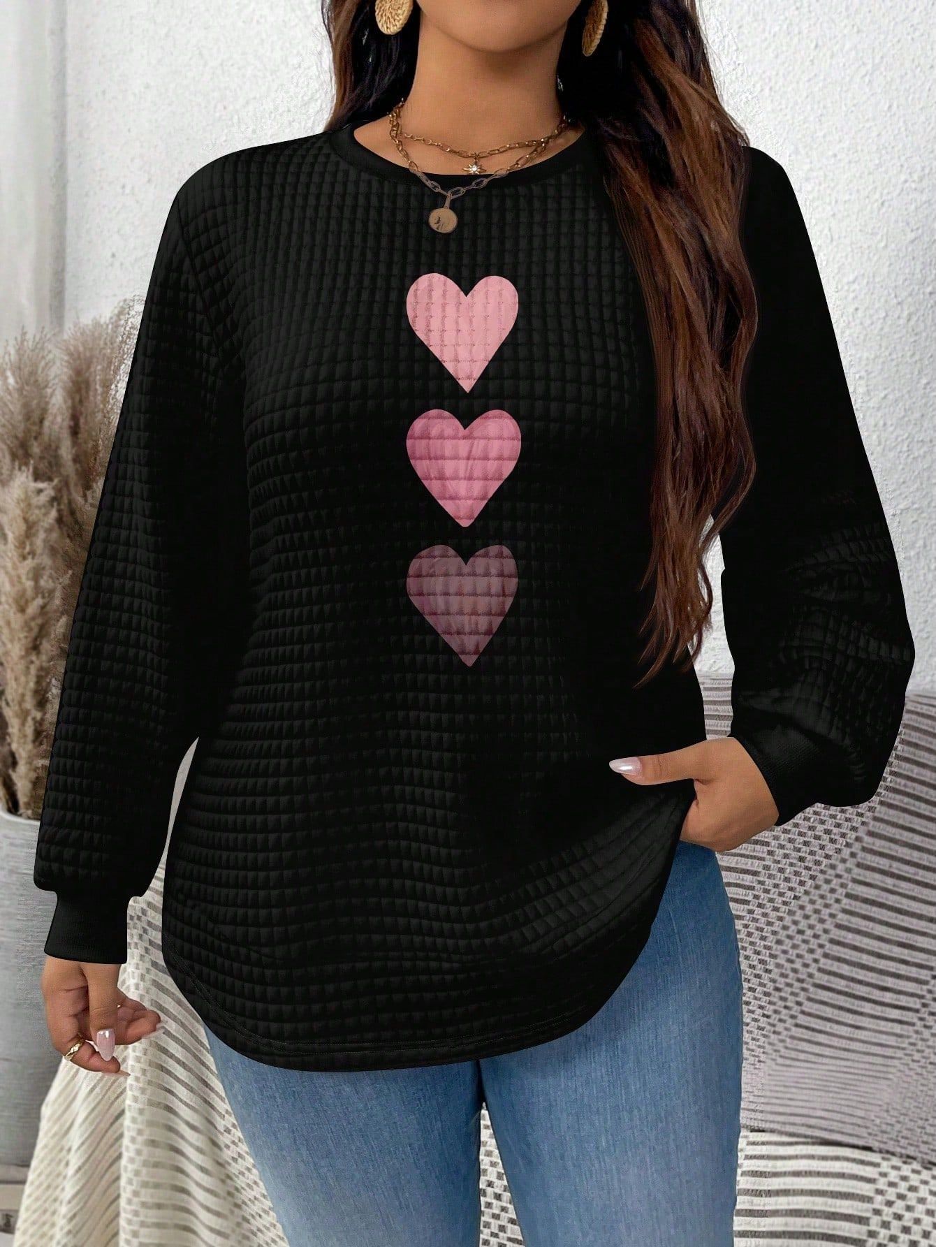 Waffle Knit Heart Print Crewneck Sweatshirt for Women