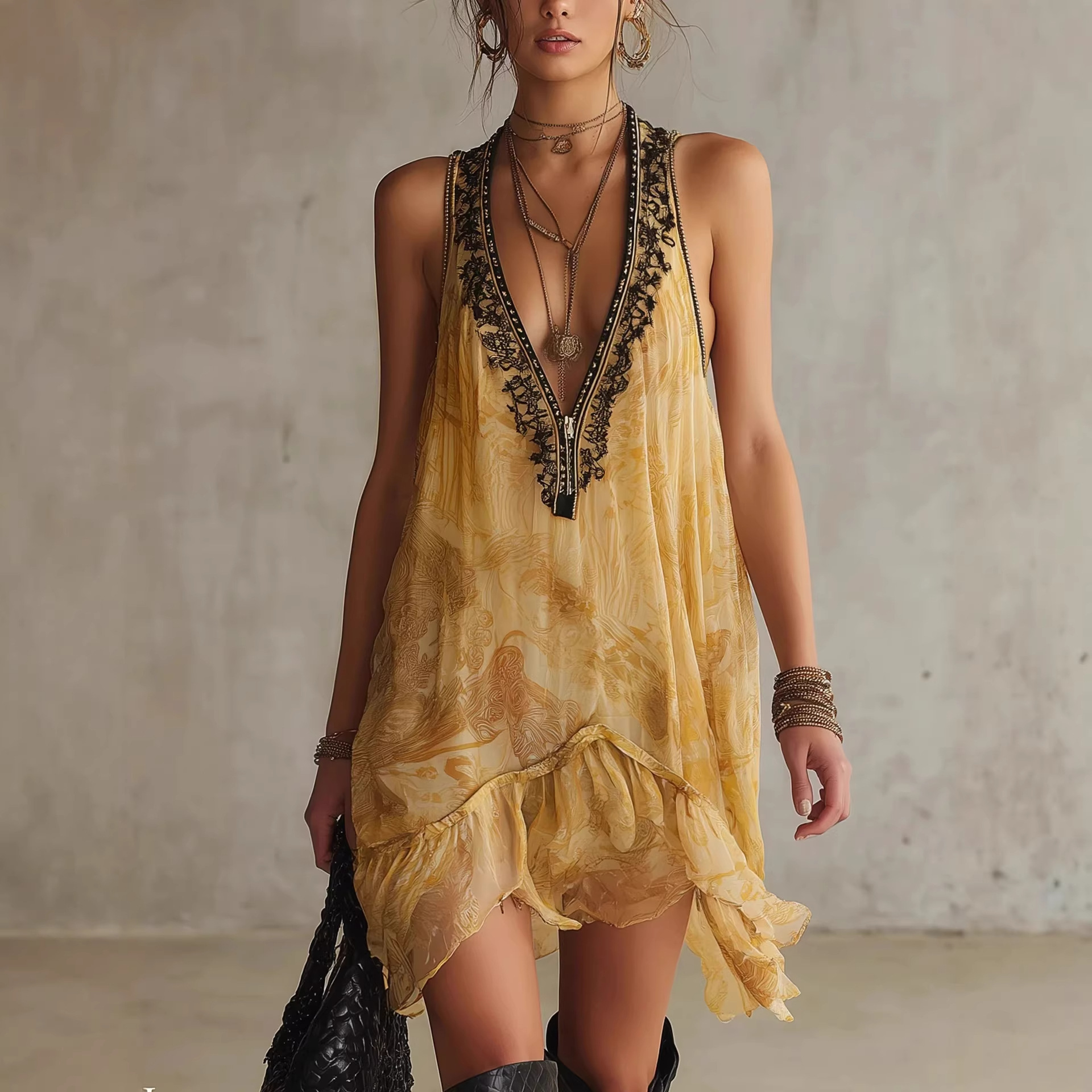 Yellow Floral Sleeveless V-Neck Lace Trim Beach Mini Dress
