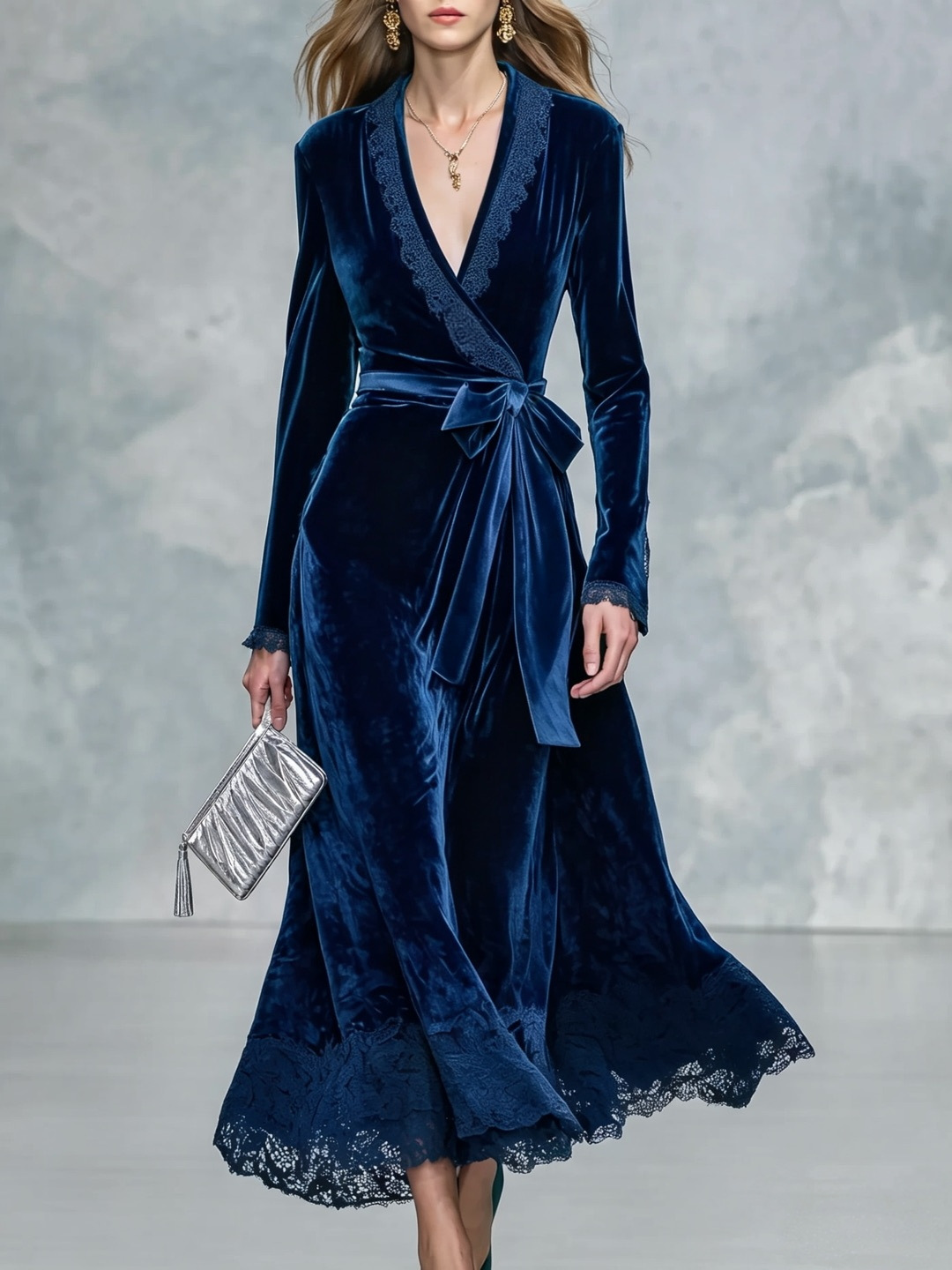 Retro Lace Spliced Lace-Up Waist-Slimming Long Dress
