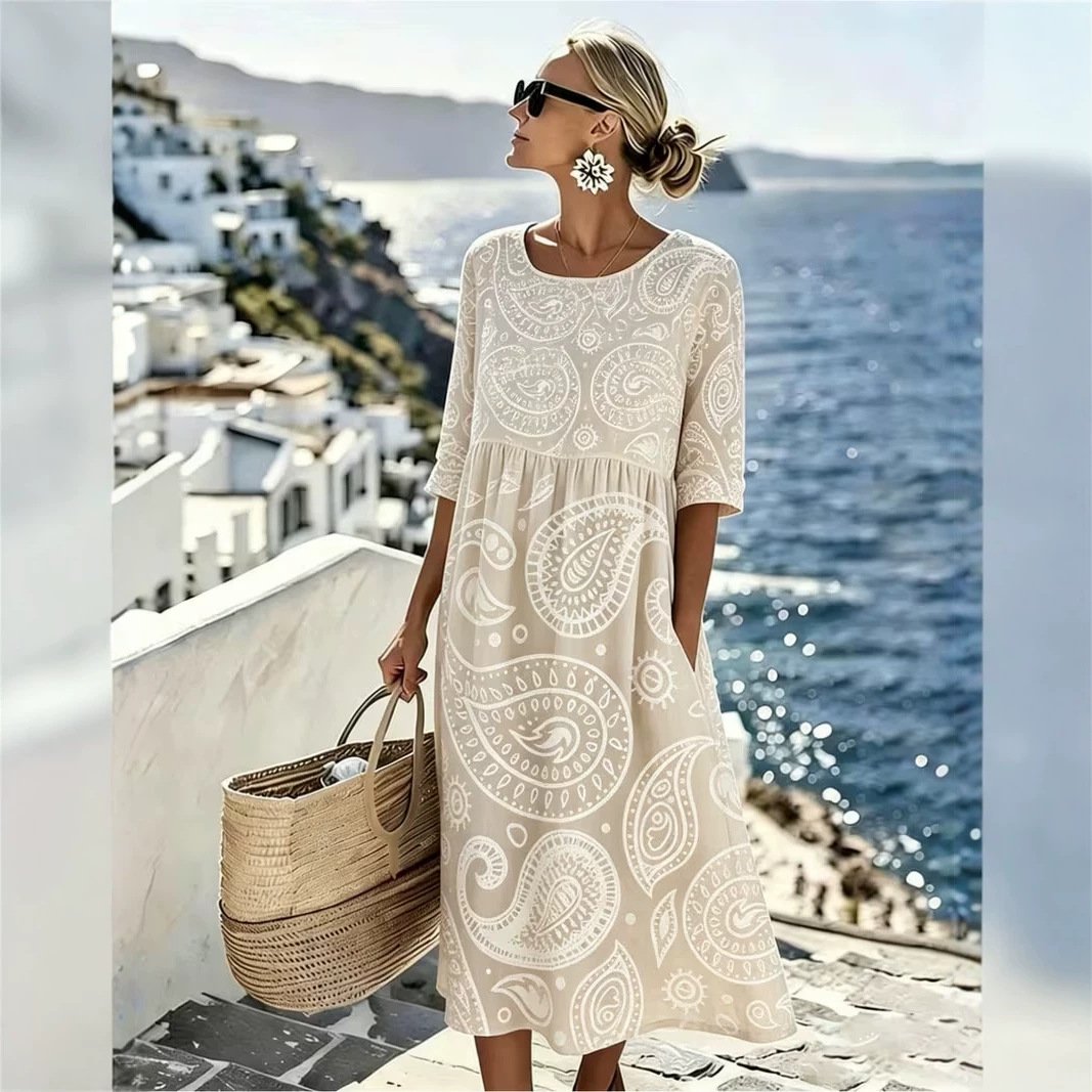Women's Boho Vacation Print Ruched Midi Dress