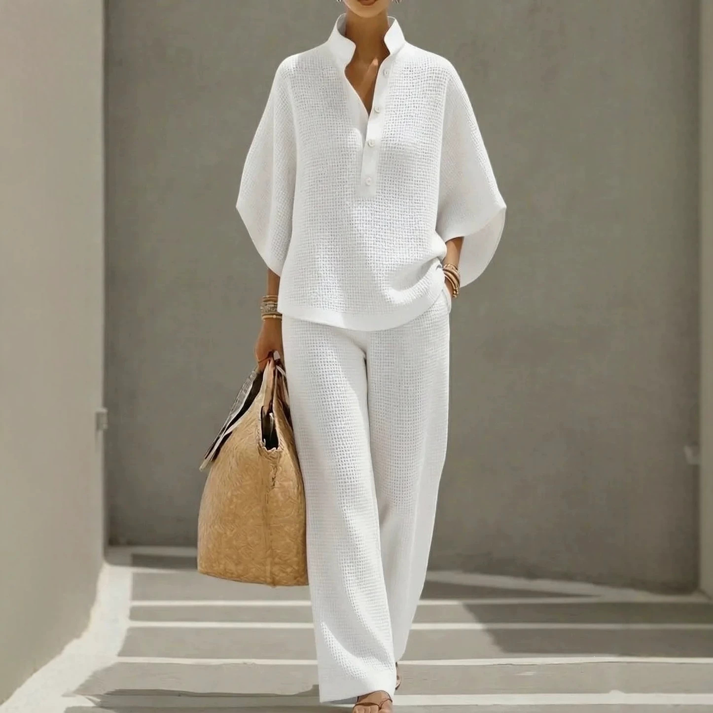 Women's Casual Waffle Knit Button Shirt & Wide-Leg Pants Set