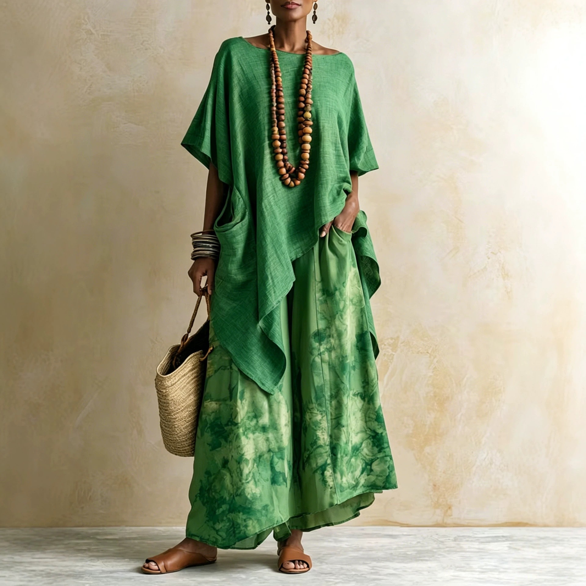 Women's Printed Linen Two-Piece Set with Loose Wide-Leg Pants