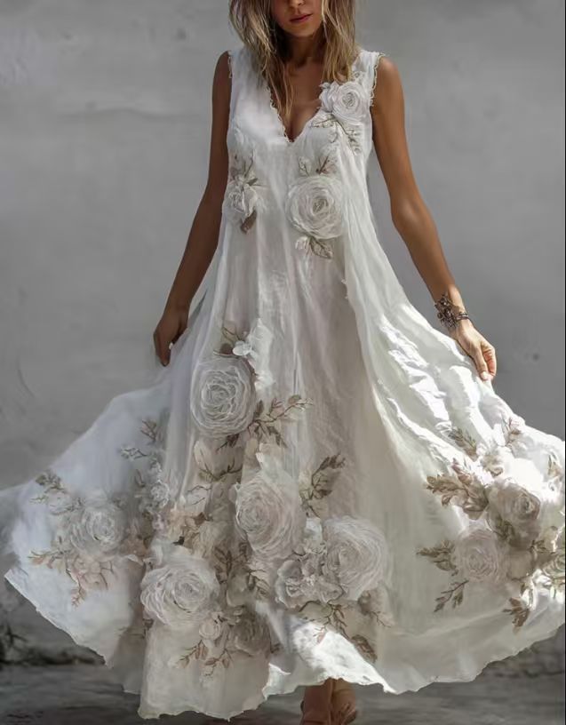 Women's Printed Sleeveless V-Neck Long Dress