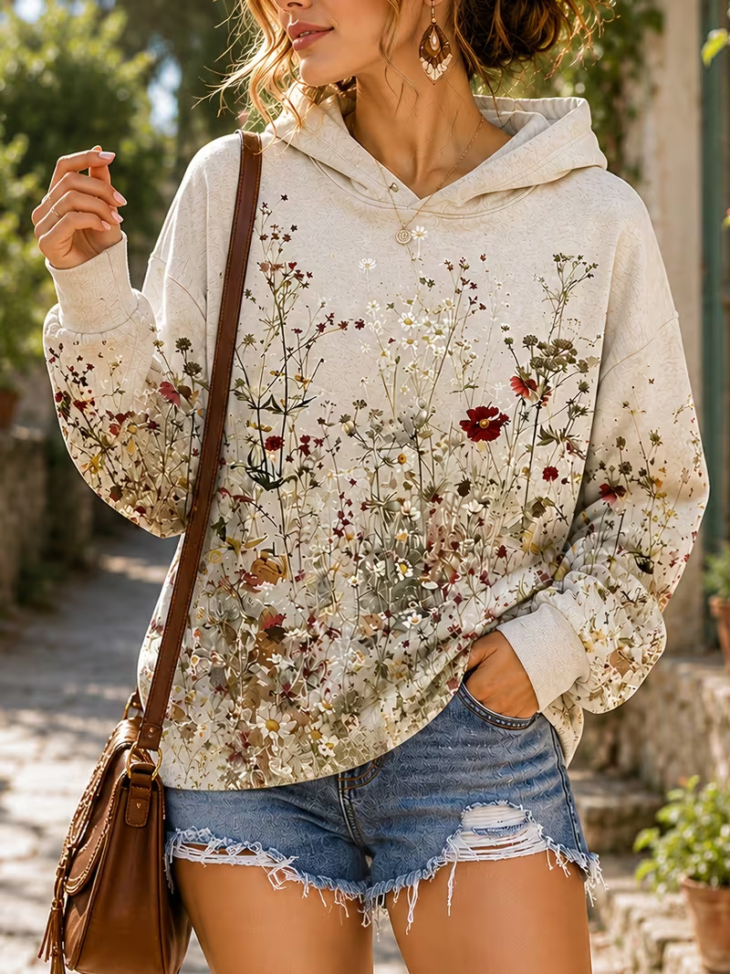 Women's Floral Print Casual Hoodie Long Sleeve Crewneck