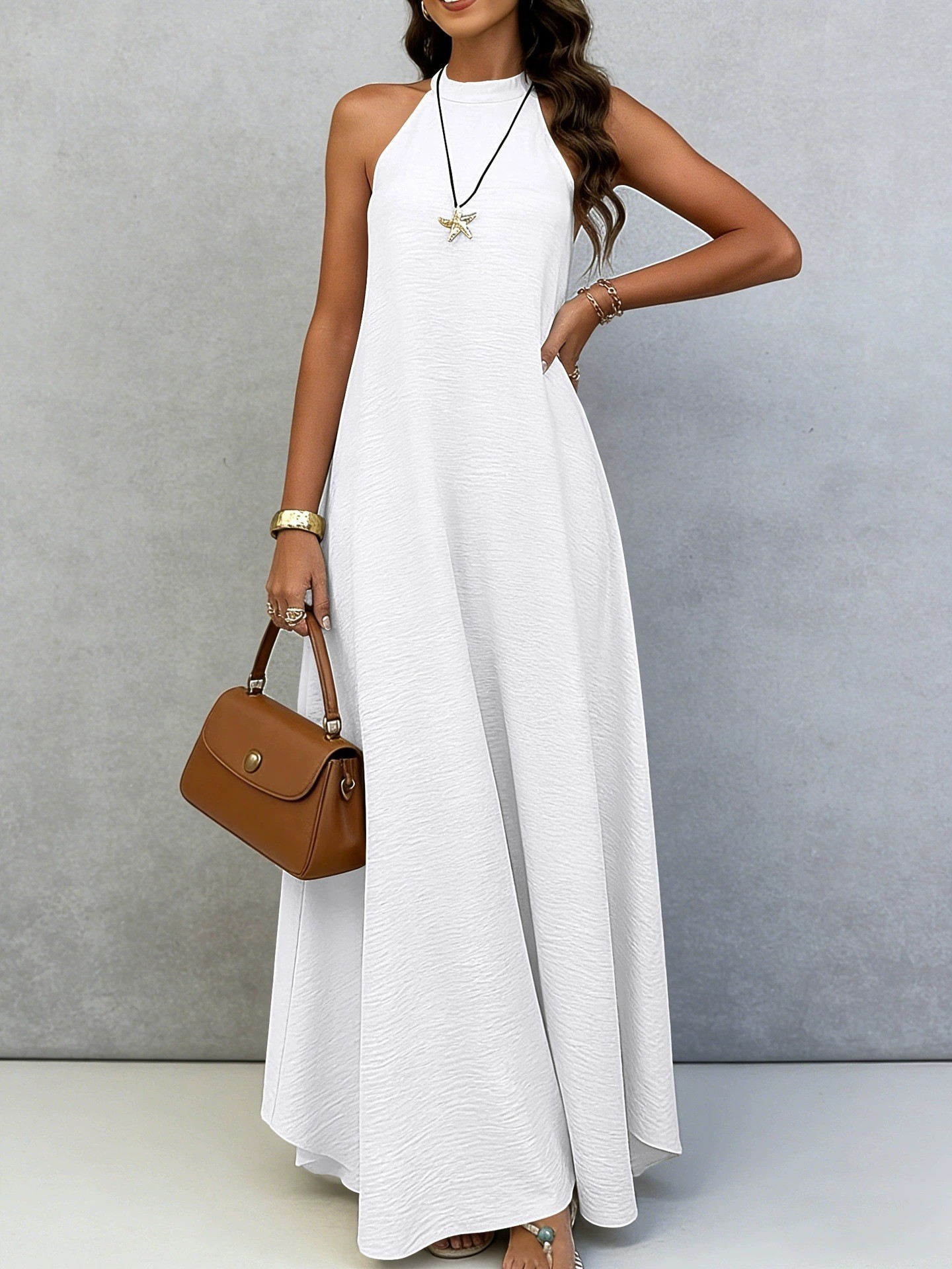 Sleeveless A-Line Midi Dress Solid Color High Waist Casual Elegant