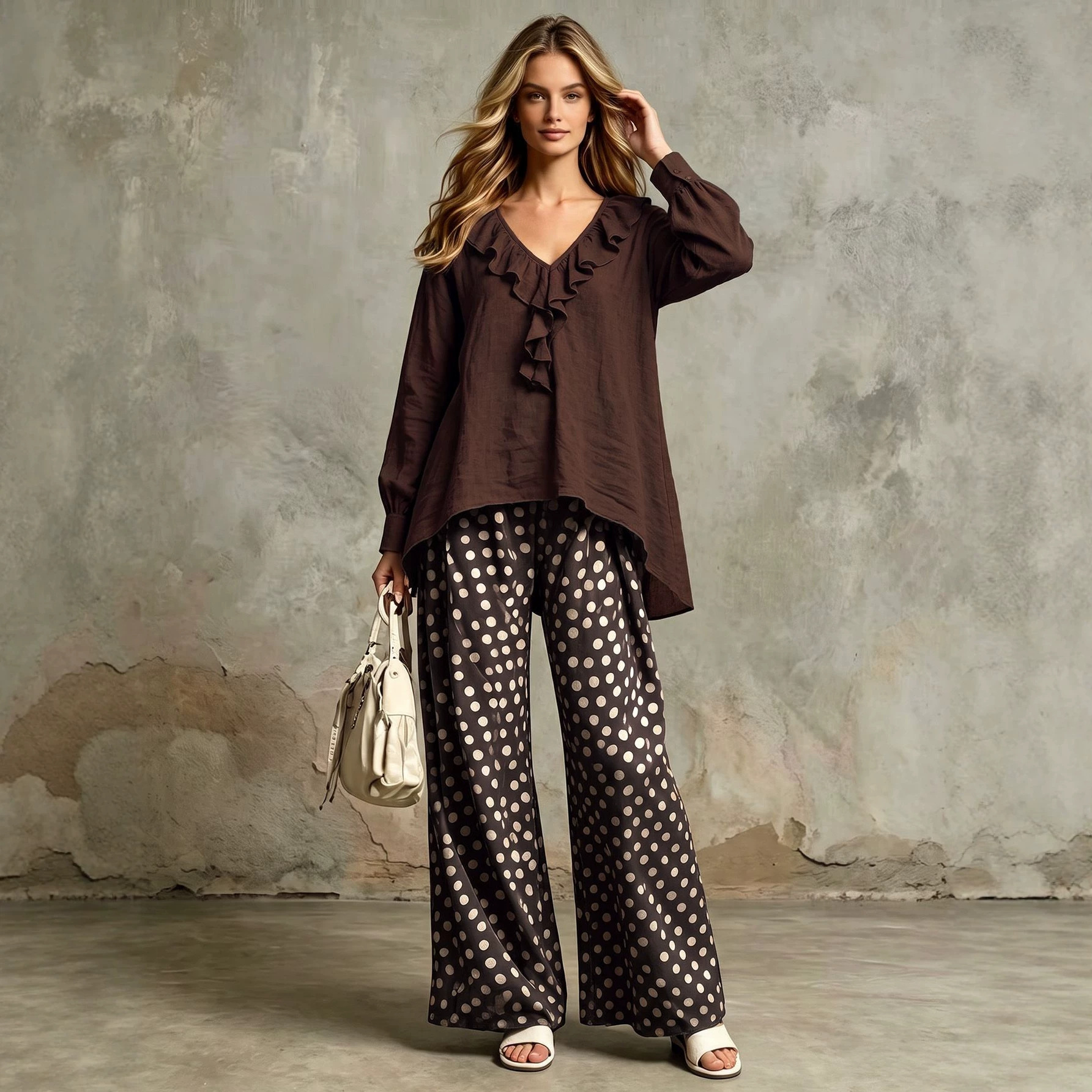Ruffle V-Neck Long Sleeve Shirt and Pants Two-Piece Set