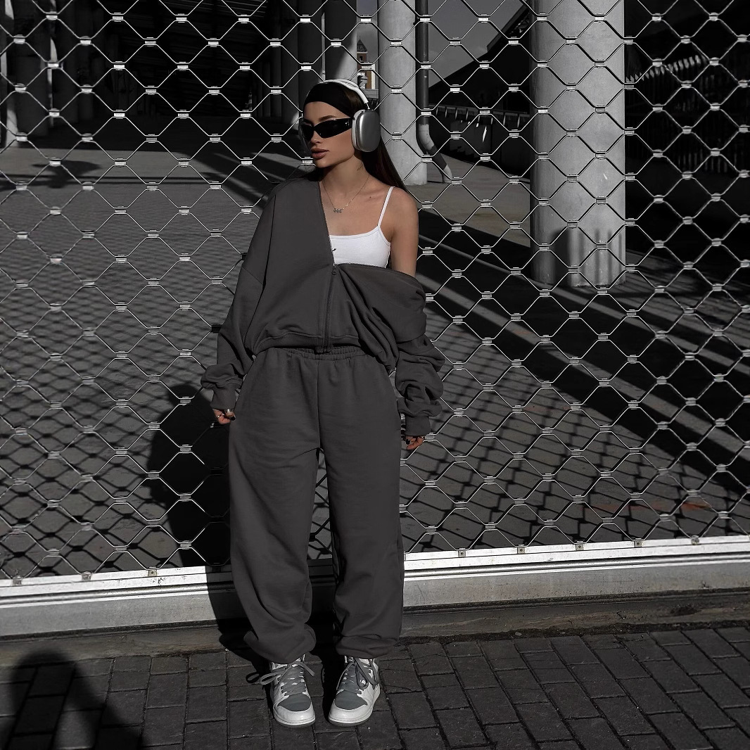 Women's Casual Hooded Zip Cardigan & Pants Two-Piece Set Streetwear