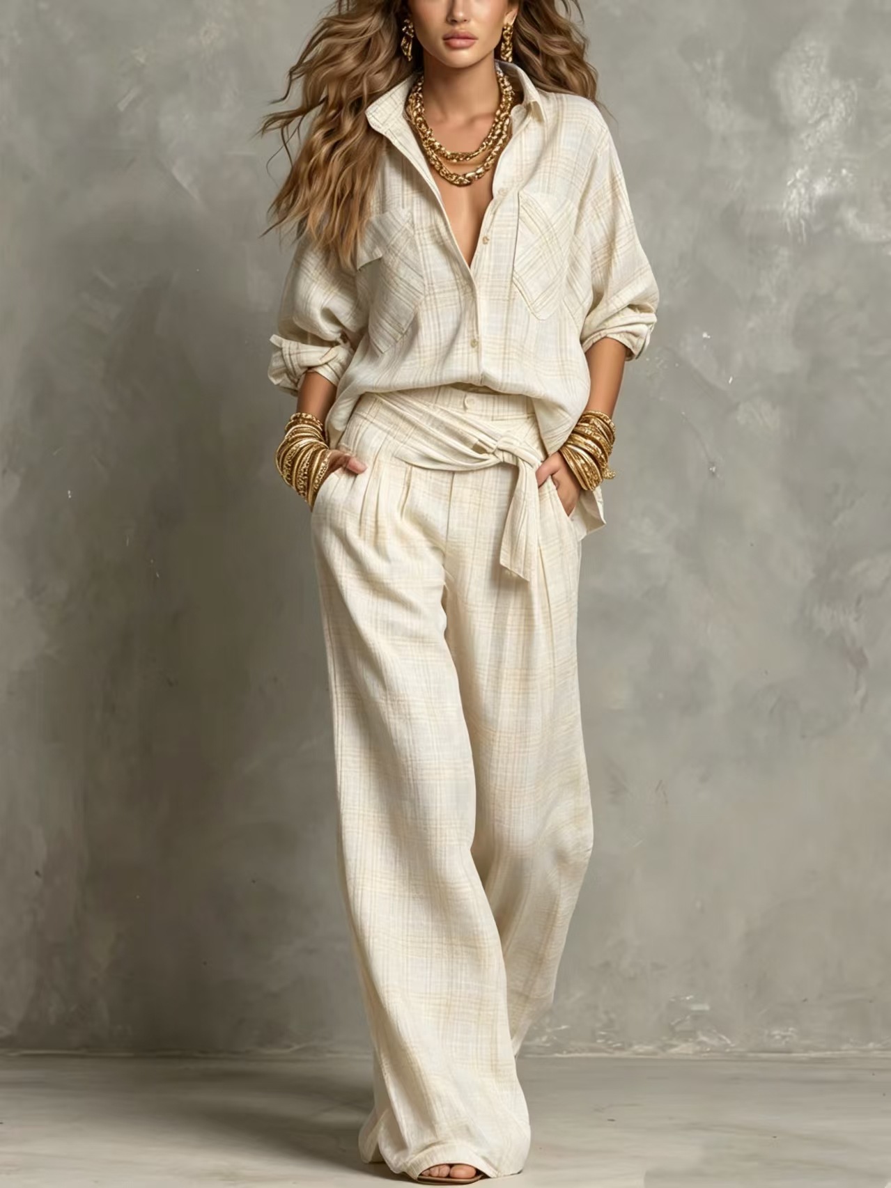 Plaid Print Loose Collared Long Sleeve Shirt and Wide Leg Pants Set