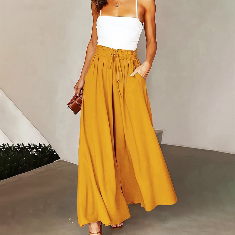Women's Wide-Leg Pants with Cinched Waist and Flowing Hem