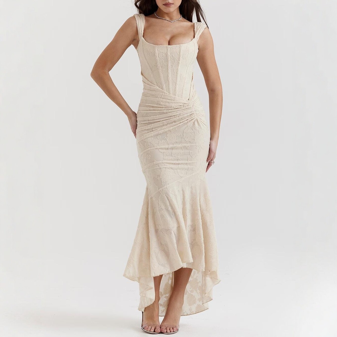 Square-Neck Sleeveless Jacquard Mermaid Maxi Dress with High Waist