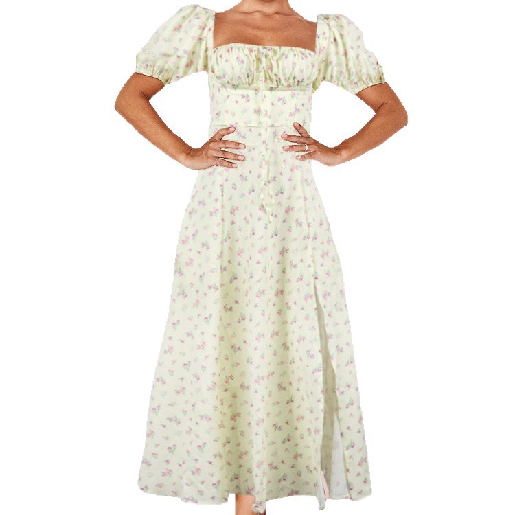 Women's Floral Tie-Waist Square-Neck Midi Dress with Slit