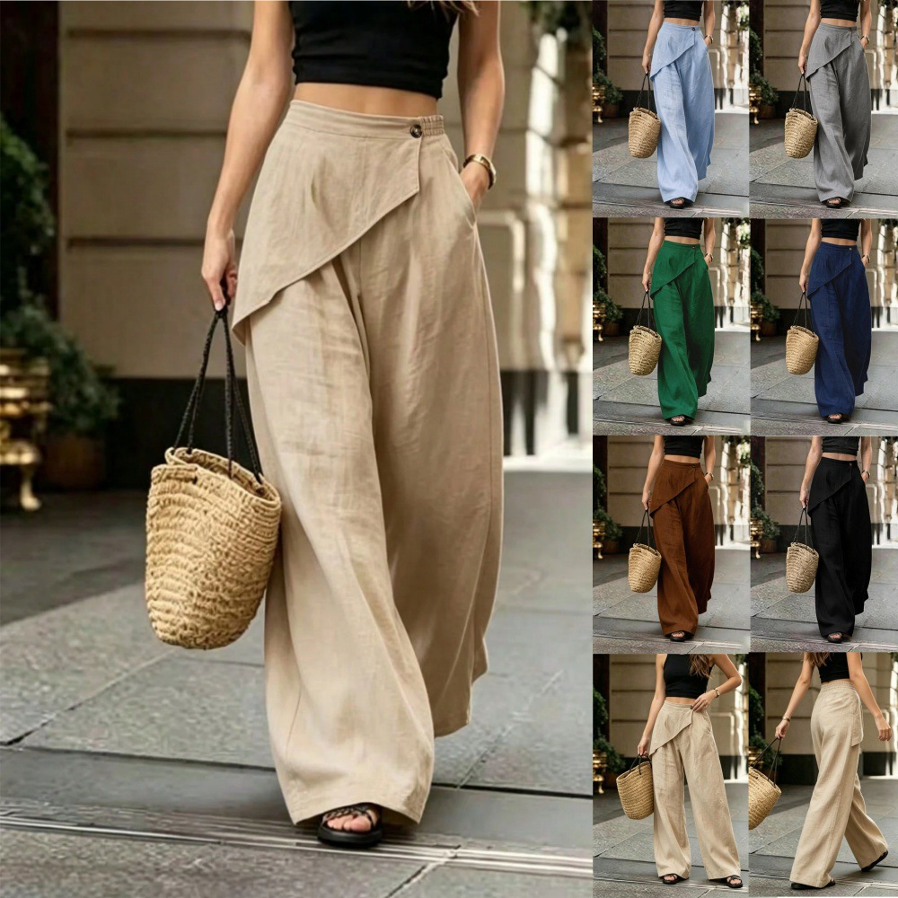 Women's Wide-Leg Faux Linen Pants Irregular Design Loose Solid Casual