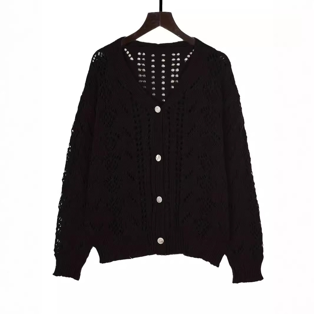 Retro Open-Knit Button-Front Cardigan V-Neck Solid Color Women's Top