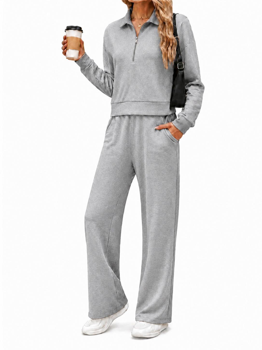 Women's Half-Zip Collared Sweatshirt & Wide-Leg Pants Set Casual Two-Piece