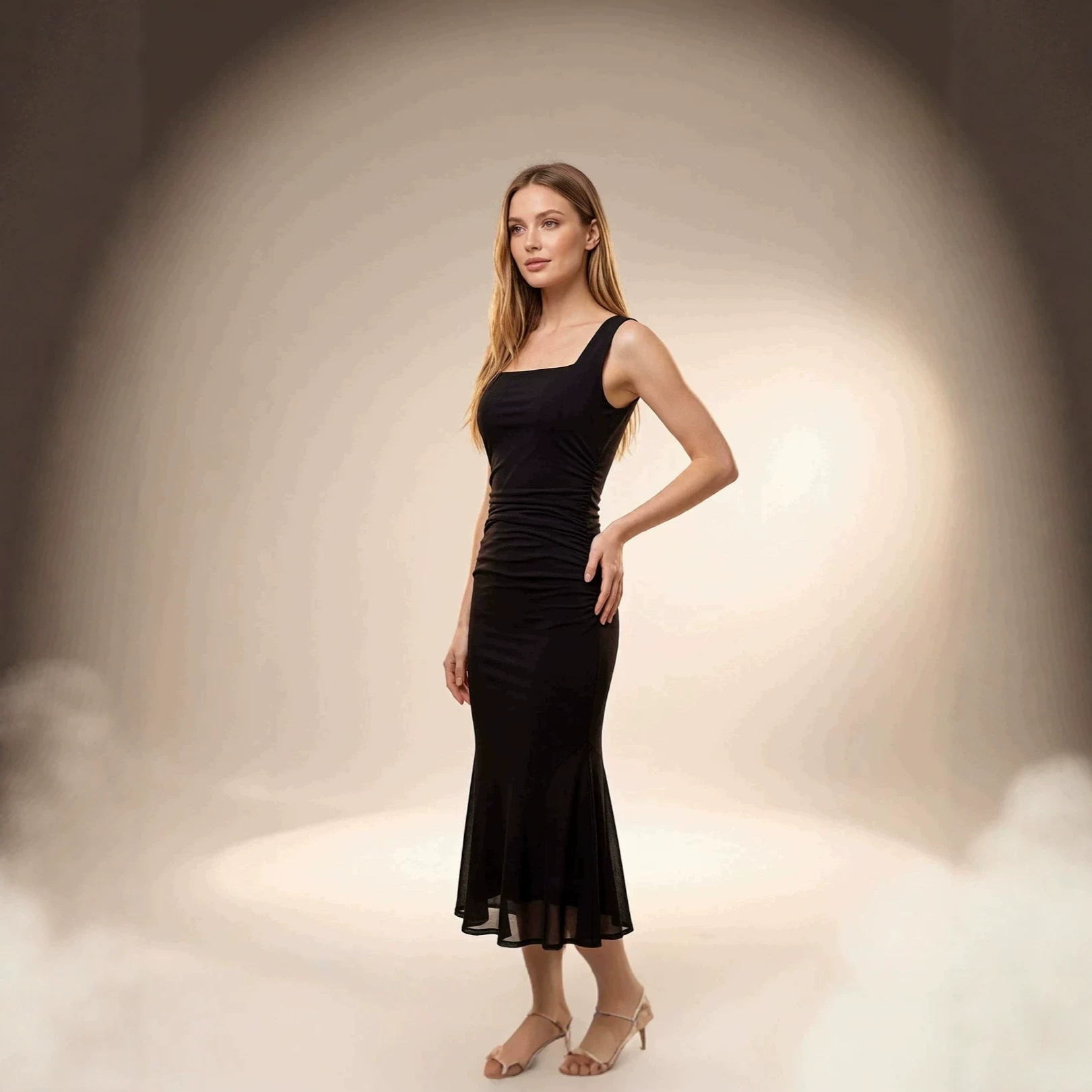 Black Sleeveless Mermaid Evening Dress with Square Neck and Ruched Detail
