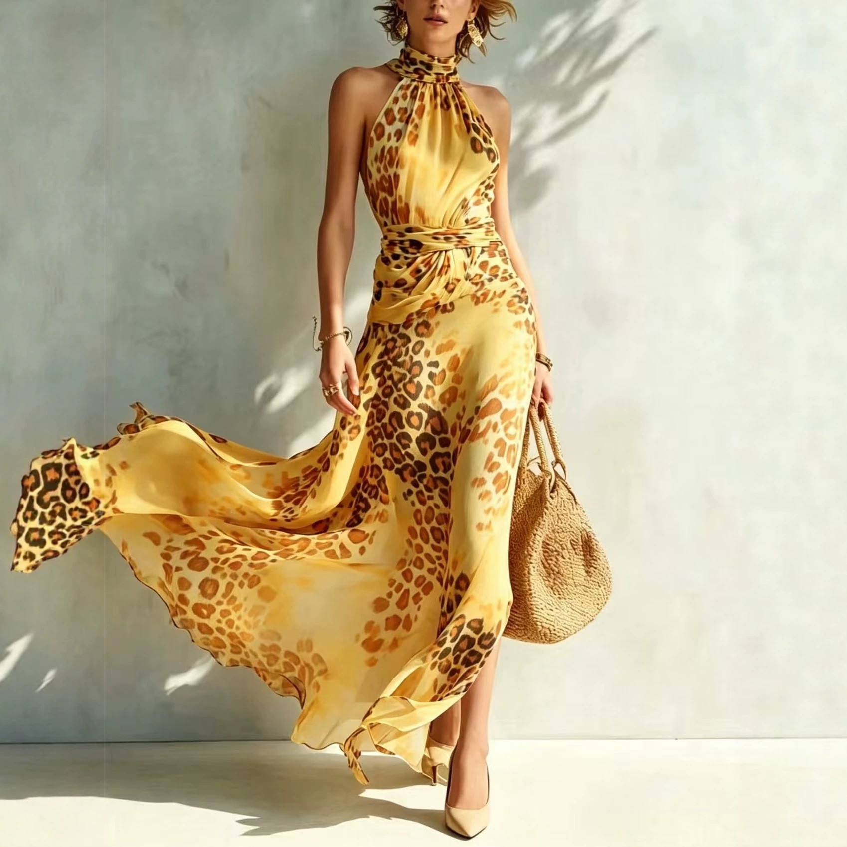Sleeveless Halter Neck Leopard Print A-Line Maxi Dress