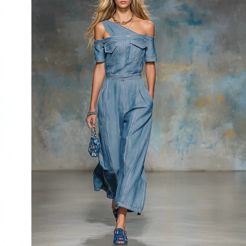 Retro One-Shoulder Denim Jumpsuit