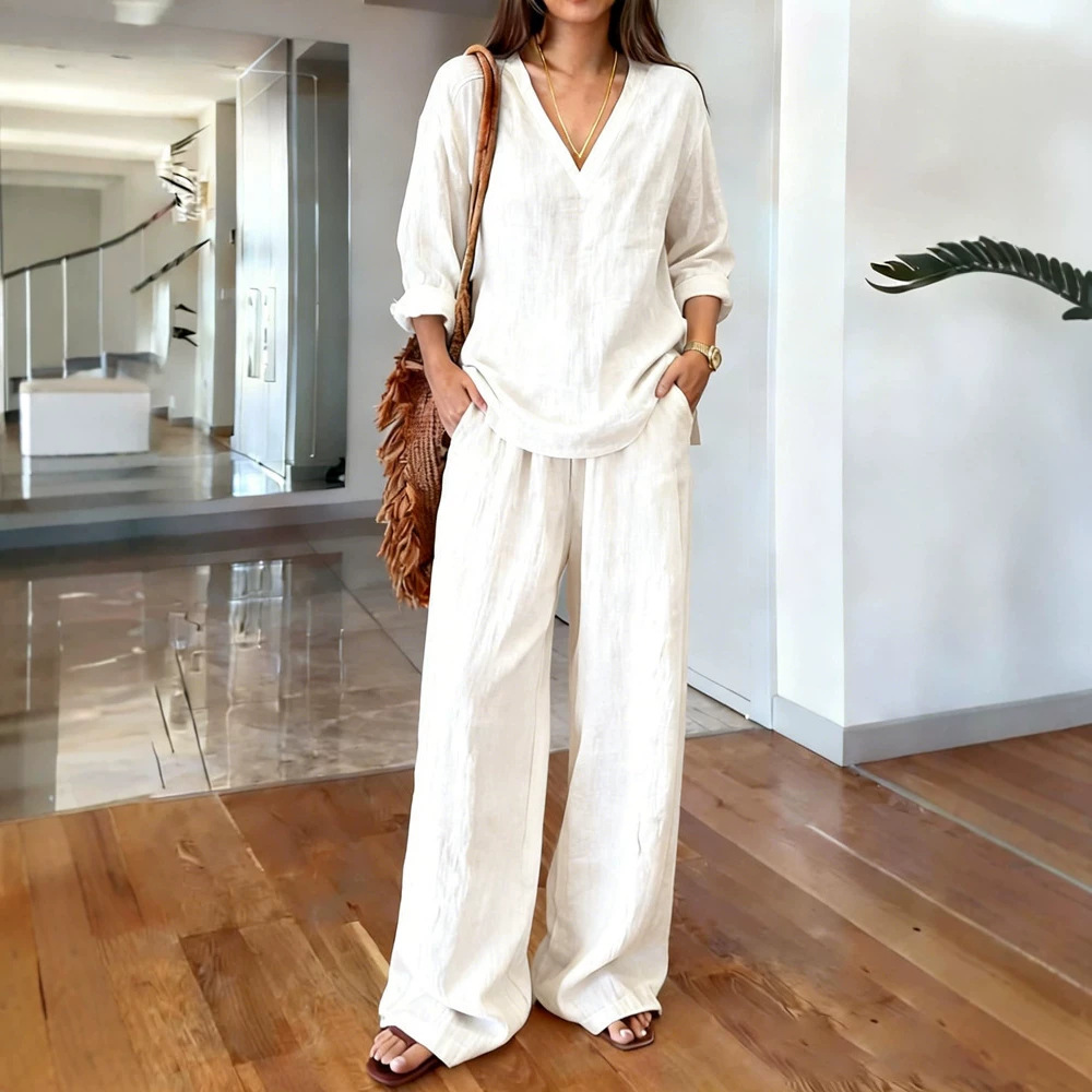 Women's V-Neck Long Sleeve Wide Leg Pants Two-Piece Set Solid Color